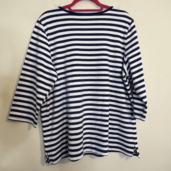 Quacker Factory Blue White Striped Top Size XL Ship’s Wheel 3/4 Sleeve Nautical - Picture 2 of 6